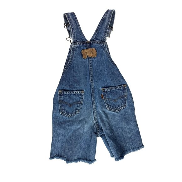 Vintage KIDS Levis Orange Tab Denim Overalls Size 4T Blue Distressed Shortalls M - Picture 2 of 11